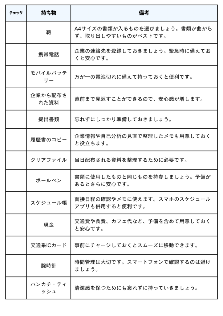 フリーター 就職 持ち物