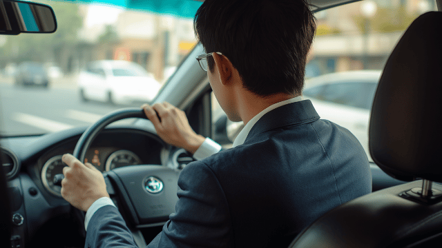 フリーターから正社員内定を獲得した25歳男性がタクシーの運転席に座り前方を見つめる後ろ姿あなたの入力: 画像について、紺色のスーツ姿にしてください